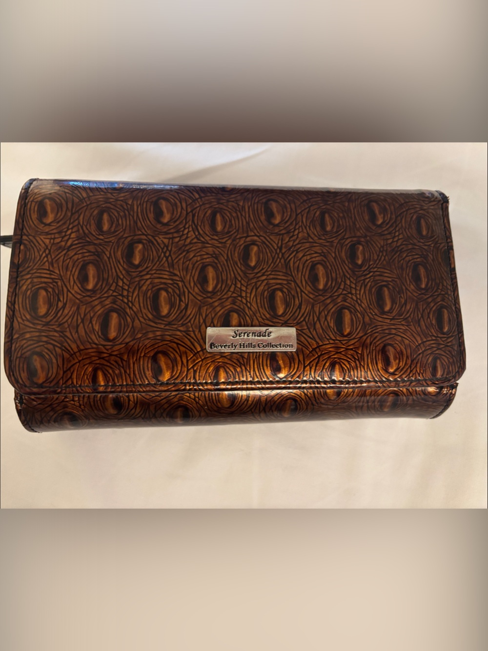 Serenade Beverly Hills Collection Leather Wallet Patent Brown Peacock Feather